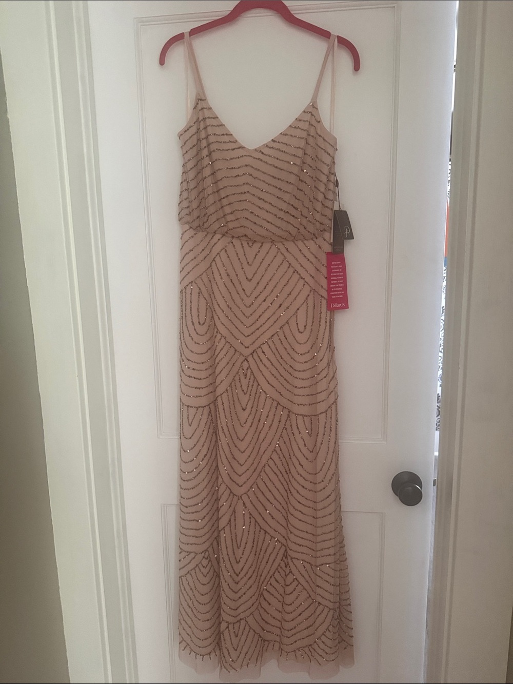 Adrianna Papell Nude/Blush Beaded Maxi Dress with Spaghetti Straps